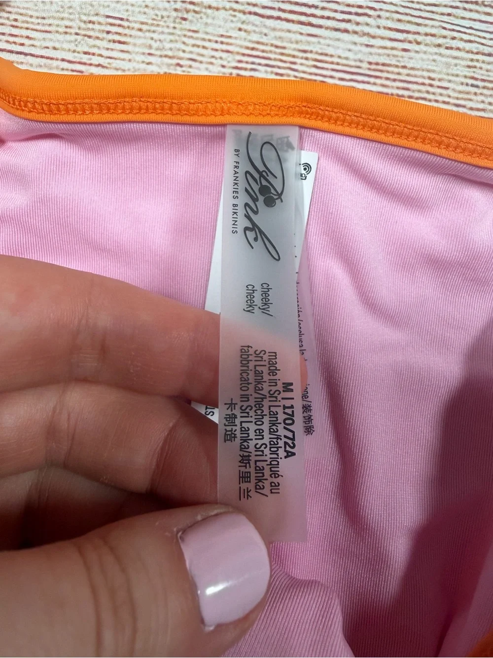 Frankie's Bikinis Pink Floral & Orange Trim Tie-Side Cheeky Bikini Bottom